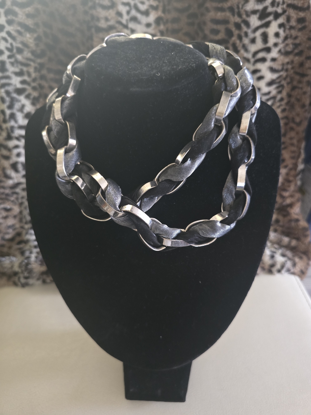 Chunky Black Braided Chain Necklace with Silver Links